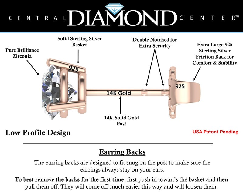 Central Diamond Center 14K Gold Post & Sterling Silver Made with Swarovski Zirconia 3 Prong Martini Stud Earrings - Rose Gold Plated 5.50mm 1.50cttw - Image 2